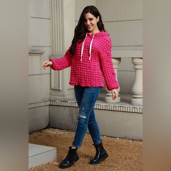 Deep Rose Texture Drawstring Long Sleeve Hoodie - Picture 3 of 3